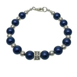 Vintage Sterling Silver 925 B Bead Navy Blue Imitation Pearl Bracelet 7.25"